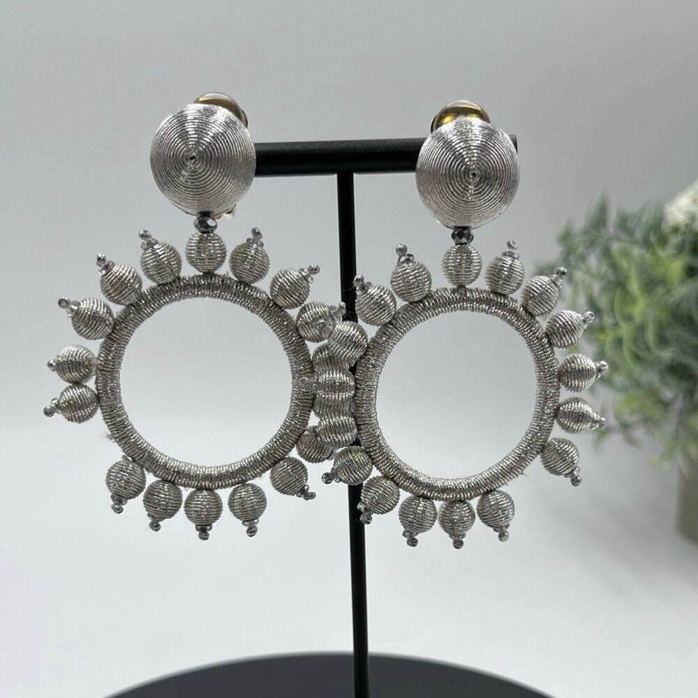 Oscar de la Renta‎ Silver Embellished Circular Mirror Door Knocker Clip Earrings